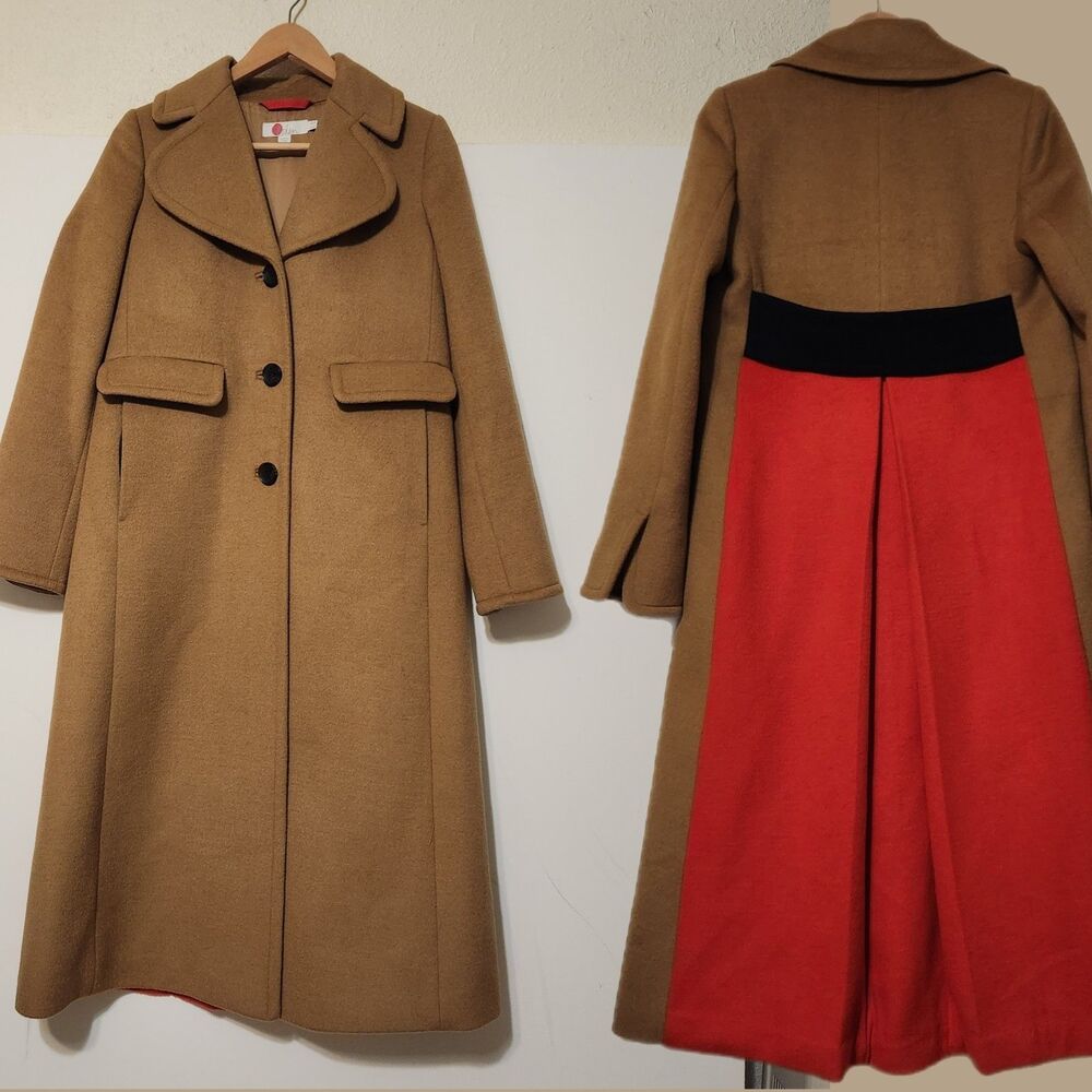 Boden Long Camel Coat with Red Panel Back - Picture 2 of 13